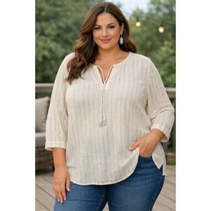 Peasant Blouse Cream Cotton Blend Metallic Stripe Tassel Tie‎ Neck 18/20